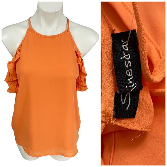 Shinestar Top Womens Small Orange Ruffle Fall Harvest Cold Shoulder Work Office - Picture 1 of 16
